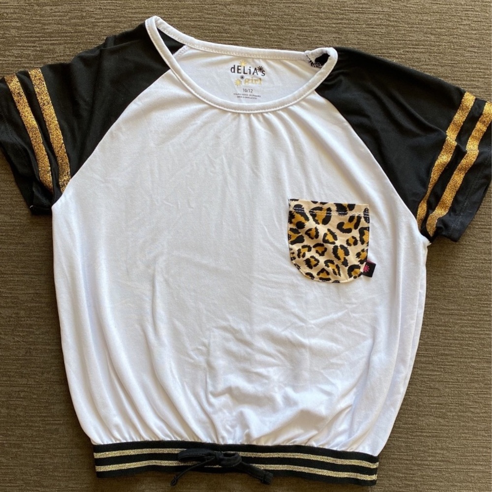 Girl’s top - black, white w gold trim and leopard print pocket - size 10/12